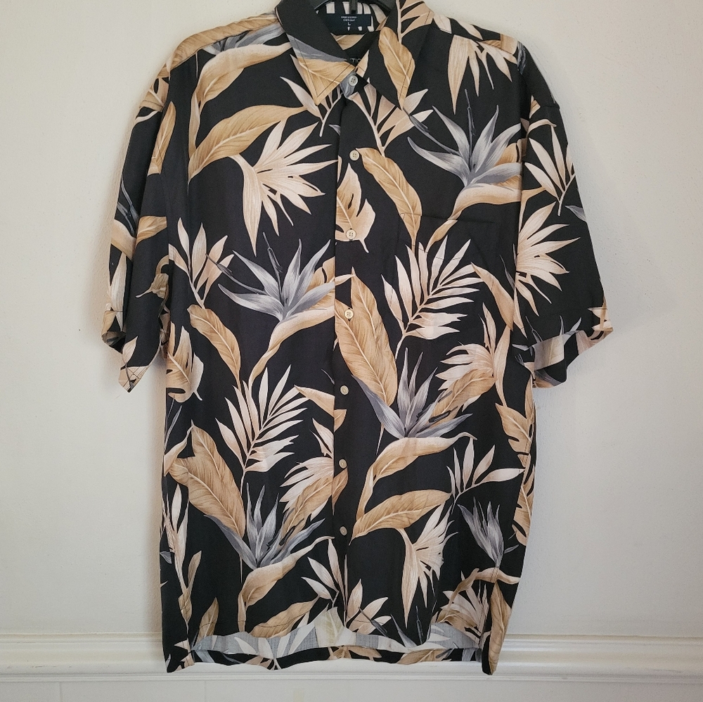 Nautica 100% Silk Black and Tan Leaf Print Tropical Men's Shirt Large